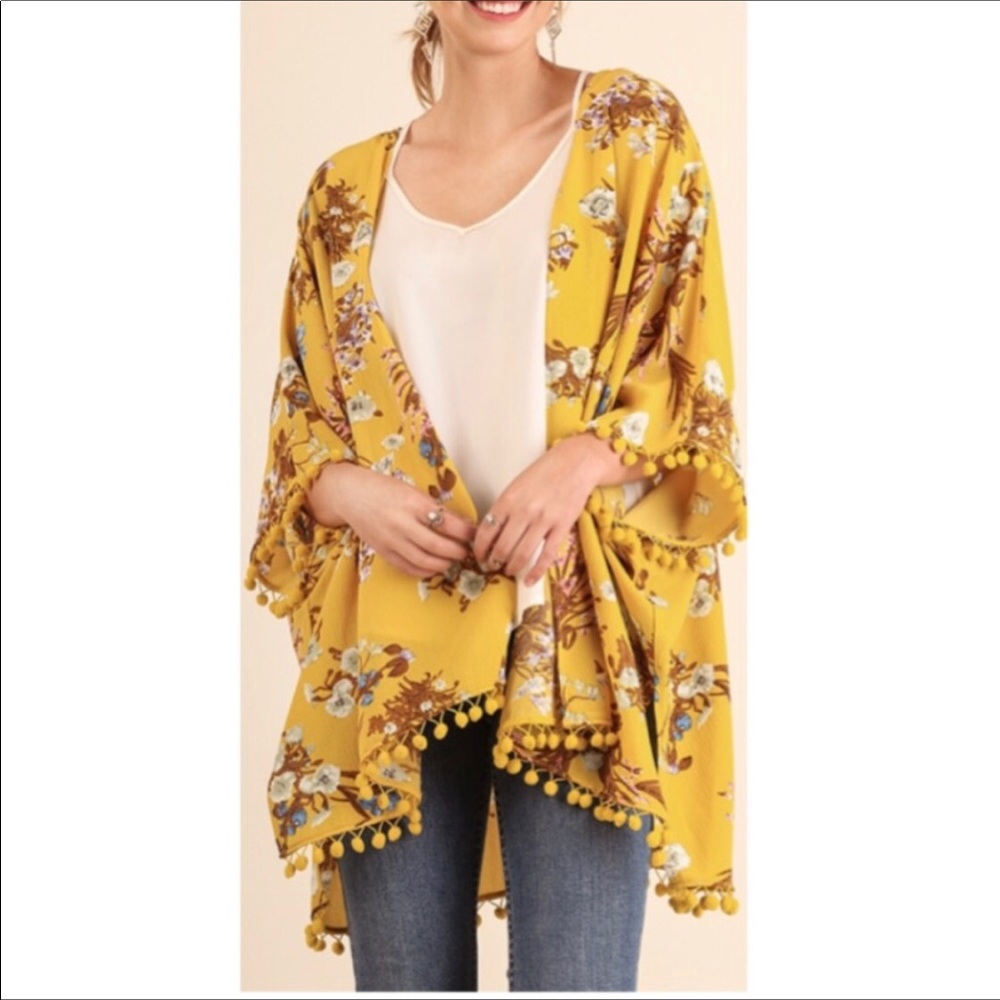 Floral Kimono with Pom Pom Trim in Honey